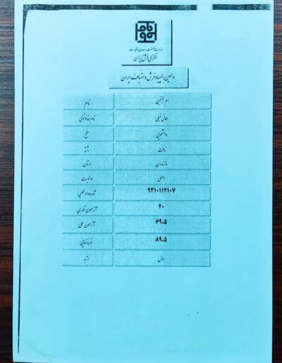 برگه کسب رتبه اول در دهمین المپیاد فرش دستباف کشوری توسط استاد بافت خانم ام البنین رحمانی
